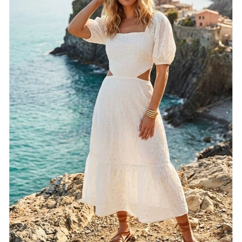 Free People Eyelet Embroidered Midi Dress Short Sleeves Cotton White S 250381